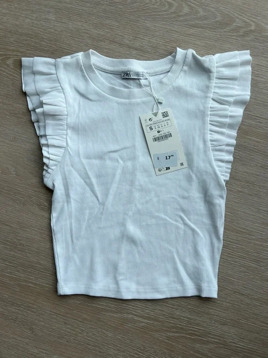 Zara White Ribbed Tank Top with Ruffle Sleeves - Picture 1 of 3